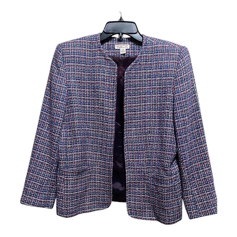 VTG 90s Talbots 100% Silk Bouclé Tweed Open Front Jacket Blue Red White Sz 8 USA